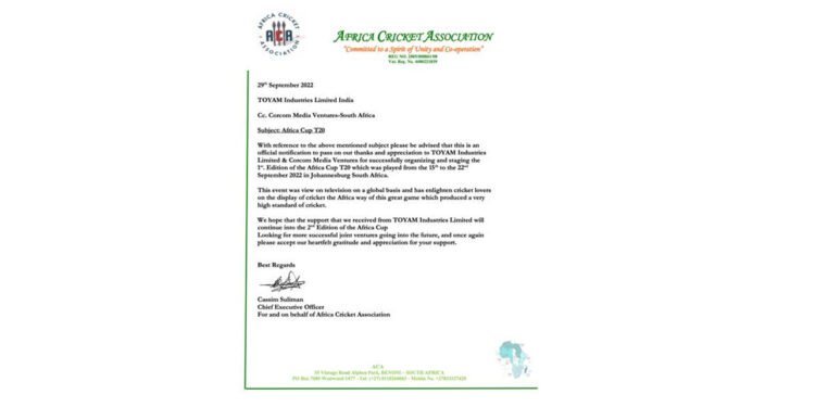 African Cricket Association lauds Toyam Industries Ltd efforts in concluding Africa Cup T20